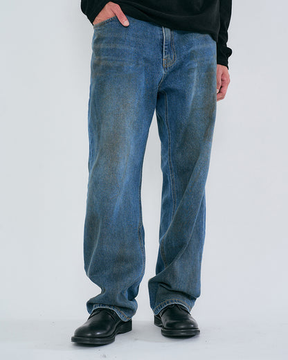 “COFWI” DIRTY WASHED DENIM PANTS / MID BLUE