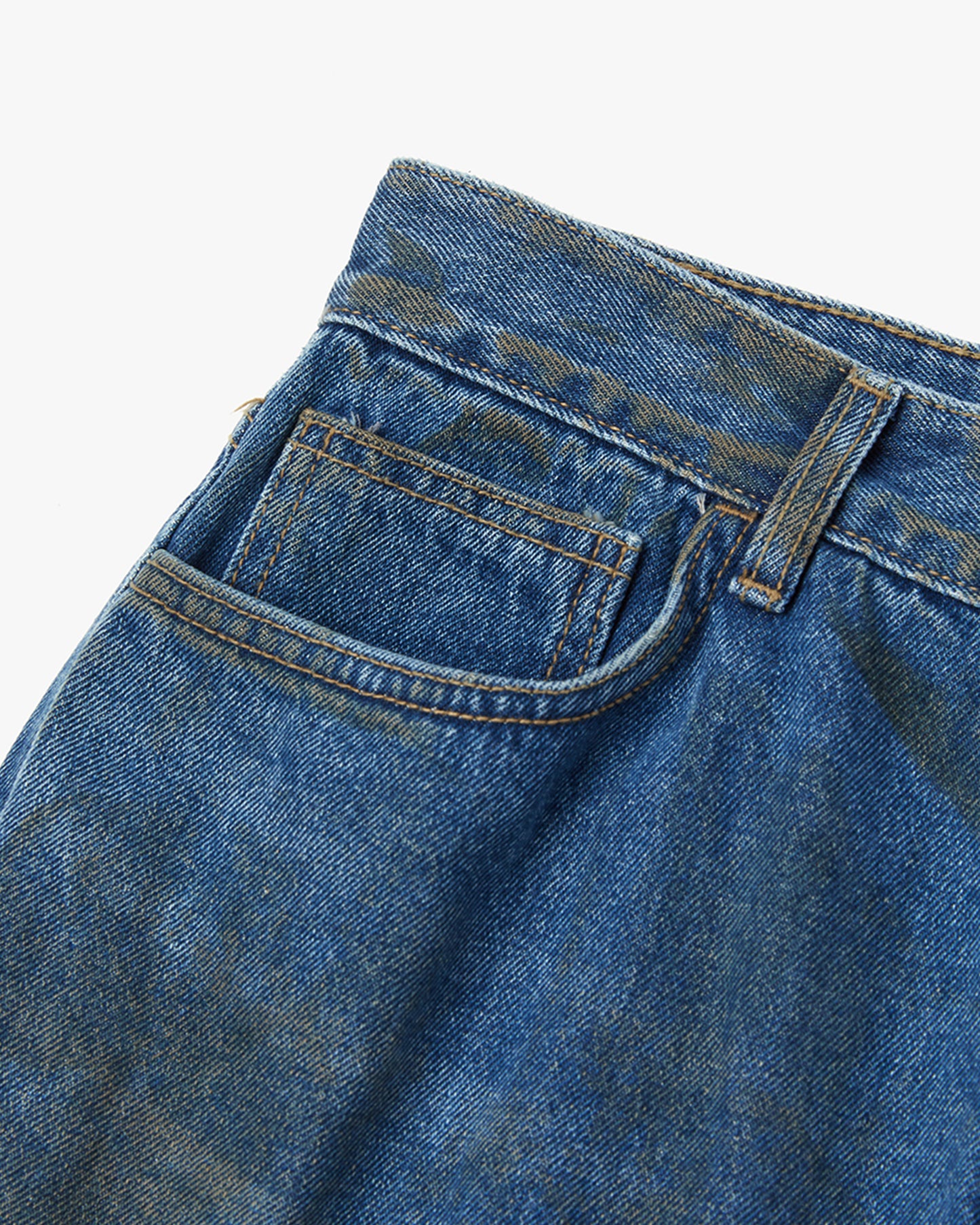 “COFWI” DIRTY WASHED DENIM PANTS / MID BLUE