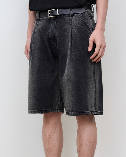 “COFWI” VERTICAL WASHED DENIM SHORTS / BLACK